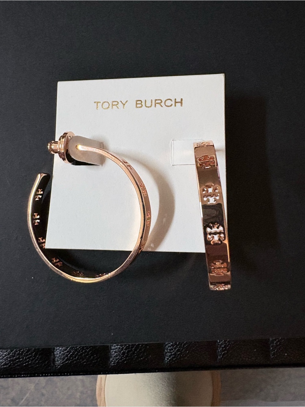 Tory Burch Rose Gold Logo Hoop Earrings